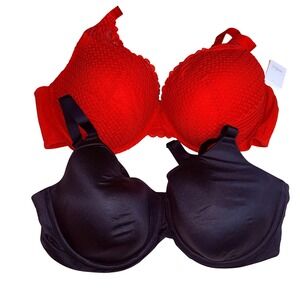Auden Bras Set of 2 Black and  The Superstar Red Lace Plunge Push-Up 46DD Plus